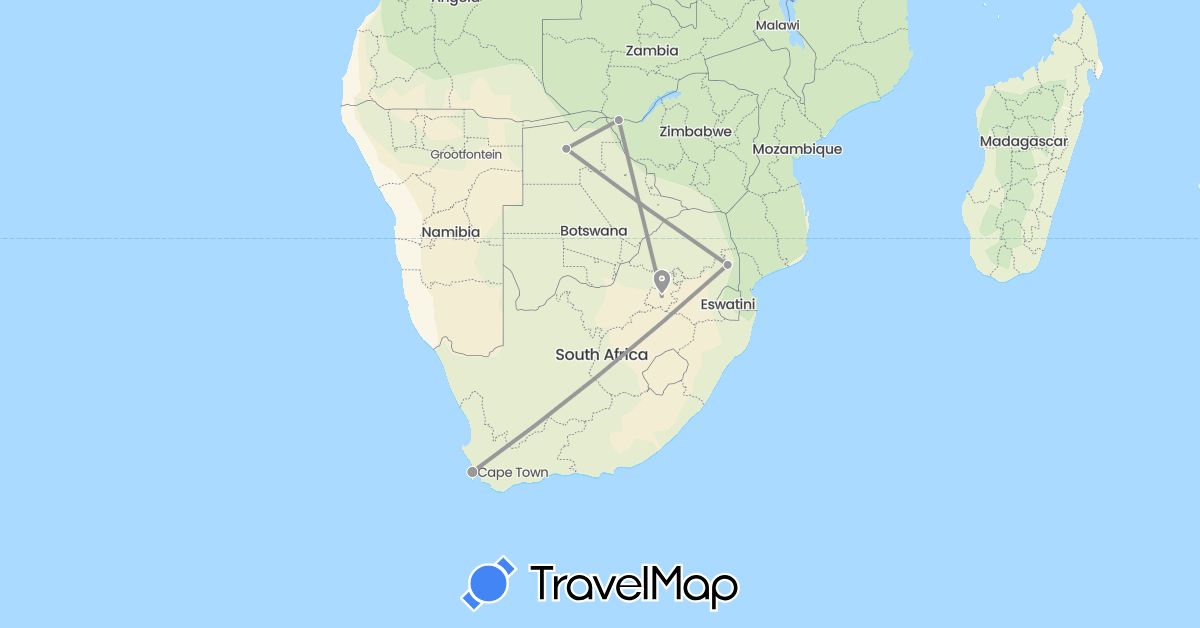 TravelMap itinerary: driving, plane in Botswana, South Africa, Zambia (Africa)